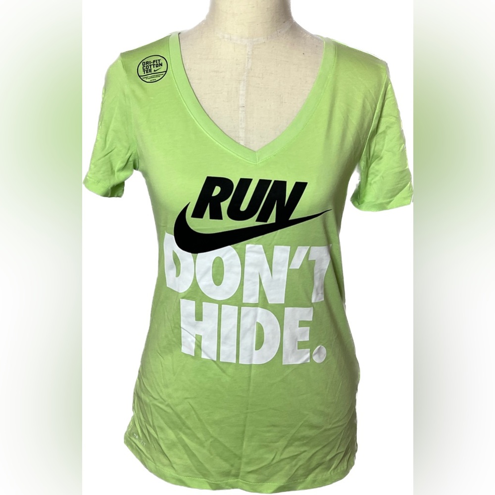 Nike Tee Athletic Cut Dri-Fit Cotton VNeck Green NWT 'RUN DON'T HIDE' Small